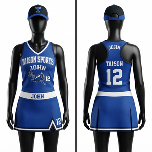 Ensemble d'uniformes de cheerleading personnalisés en polyester interlock 220 GSM bleu et blanc avec logo par sublimation pour équipe - Product Image 1