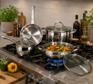 Food Safe Stainless Steel Cookware Set 7 Pcs Fry <b>Pan</b> Kadai Saucepan Sauce Pot Glass Lid <b>Induction</b> Base OEM Kitchen Set - Product Image 1