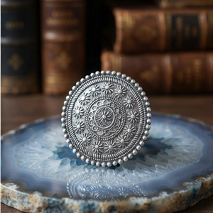DIVYORO TRADITIONAL VINTAGE BOHO STYLE LARGE MANDALA BRASS <b>SILVER</b> <b>RING</b> with OXIDIZED <b>SILVER</b> PLATING for WOMEN - Product Image 2