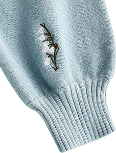 Cardigan en tricot bleu clair pour femme, col en V, manches longues, broderie florale, haut court, style vintage, toutes saisons - Product Image 5