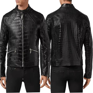 Blouson moto en cuir PU noir pour homme, col montant, motif crocodile embossé, fermeture éclair, coupe ajustée, style automne - Product Image 6