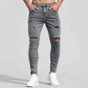 Jean en denim gris déchiré coupe slim pour homme, taille haute, délavé, style décontracté, en coton tissé, jambe droite, collection printemps - Product Image 1