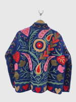 Veste en velours brodée à la main à motifs floraux, col mandarin, manches chauve-souris, taille plus, manteau d'automne pour femmes, style Prairie Chic