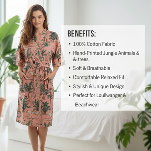 Peignoir Kimono en Coton Artisanal pour Femme, Col en V, Manches Longues, Imprimé Jungle, avec Ceinture à Cordon, Vêtement de Nuit et d'Intérieur, Vente en Gros - Product Image 4