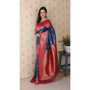 Robe de soirée en soie douce bleu denim Elite Weaves Banarasi, sari tissé ZigZag Meenakari Zari 650g - Product Image 3