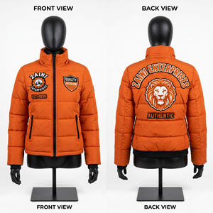 Chaqueta Acolchada Premium para Mujer, 90 GSM, Poliéster Pongee, Color Naranja, Panel Acolchado, Bordado Personalizado, Parche de Chenilla, OEM, ODM - Product Image 1