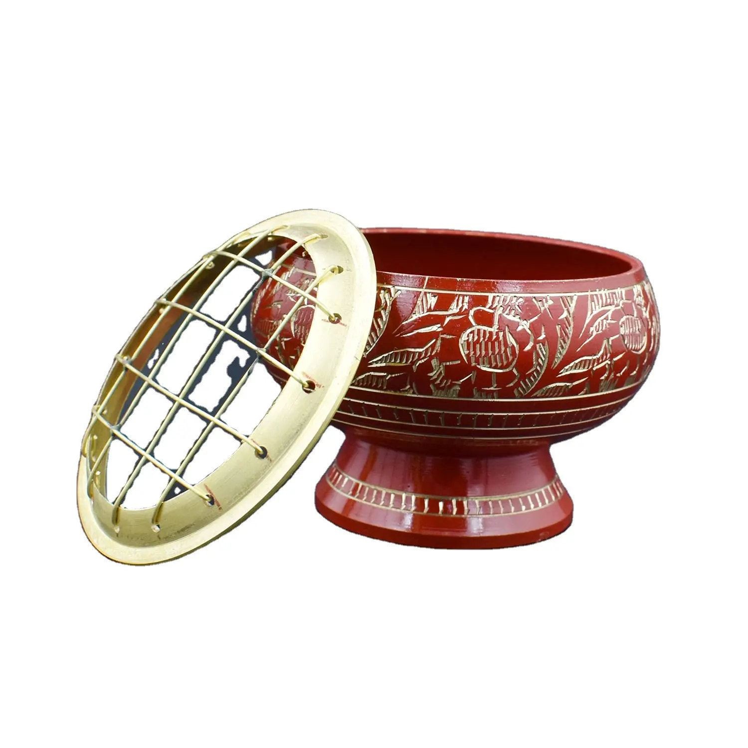 Hand Crafted Engraving Work Brass Bowl with Cover for Sage Burning red Enamel Finished Luxury Bowl