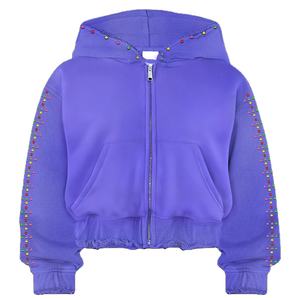 Men's Heavyweight Cotton <b>Zip</b>-<b>Up</b> <b>Hoodie</b> Colorful Rhinestone Embellished Casual Sweatshirt Drop Shoulder Fit for Winter hoodies - Product Image 1