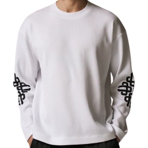 Men White <b>Waffle</b> Long Sleeve T <b>Shirt</b> with Emblem Print Crew Neck Cotton Casual Streetwear Fashion Top - Product Image 5
