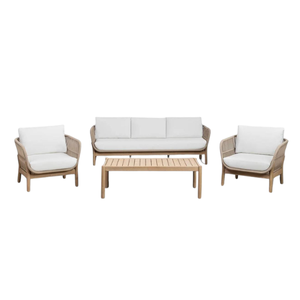 Scandinavian Outdoor Garden <b>Sofa</b> Three Seat Wicker <b>Rattan</b> Wood Frame White Cushion Durable Patio Furniture - Product Image 2
