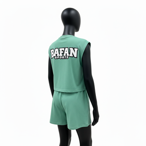 ชุดเสื้อยืดแขนกุดและกางเกงขาสั้นผ้าฝ้าย 100% สำหรับผู้หญิง เนื้อผ้าคอตตอนริชเจอร์ซีย์ พิมพ์ลายโลโก้ตามสั่ง ชุดเสื้อยืดแขนกุดและกางเกงขาสั้นสำหรับผู้หญิง - Product Image 5