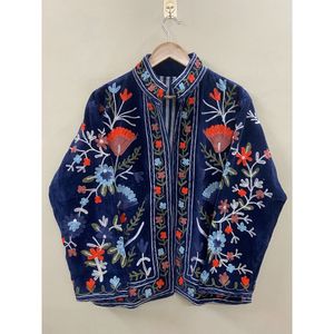 Hand Embroidered Knitted <b>Velvet</b> Cotton <b>Jacket</b> <b>Women</b> Mandarin Collar Full Sleeve Winter Autumn Floral Pattern Eco-Friendly - Product Image 6