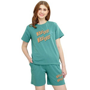Conjunto de Verano de Alta Calidad para Mujer, Camiseta y Pantalones Cortos de Algodón Suave con Estampado Informal, Logotipo, Cuello Redondo, Tela de Felpa - Product Image 1