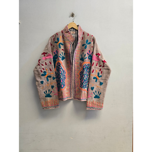 Chaqueta de lino bordada a mano para mujer con cuello mandarín, bordado floral bohemio y diseño Prairie Chic, estilo vintage corto - Product Image 1