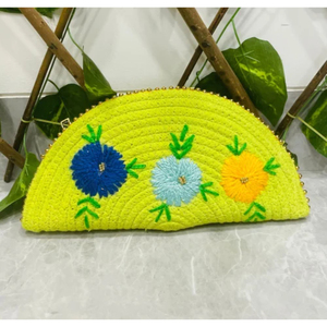 Handmade Water Reed Half Moon Clutch Bag With Hand Embroidered Floral Design Woven Evening Purse Summer <b>Beach</b> <b>Accessory</b> - Product Image 3