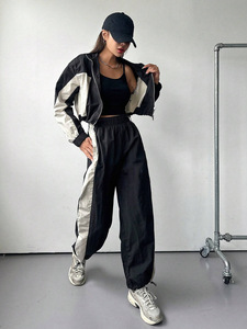 Conjunto Deportivo Casual de Dos Piezas para Mujer, Chaqueta de Manga Larga y Pantalones Anchos con Bloques de Color, Antiestático, Spandex/Poliéster - Product Image 6