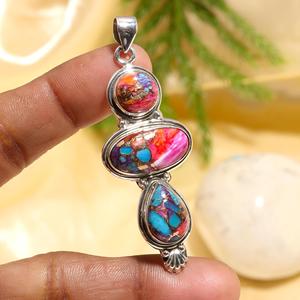 Pendentif classique pour amoureux en argent sterling 925 avec serti clos et pierre précieuse turquoise huître rose taille ovale, idéal pour cadeaux d'anniversaire et de fête - Product Image 1