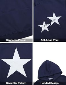 เสื้อฮู้ดโอเวอร์ไซส์ผู้ชาย ผ้าฝ้ายถัก 100% สีกรมท่าพิมพ์ลายดาวด้านหลัง สไตล์ลำลองใส่สบายสำหรับฤดูใบไม้ร่วง - Product Image 2