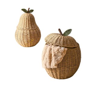 Cute Apple Shaped Seagrass Storage <b>Basket</b> <b>with</b> Stem and Leaf <b>Lid</b> Handwoven Fruit Toy Organizer Bin for Kids Nursery - Product Image 2