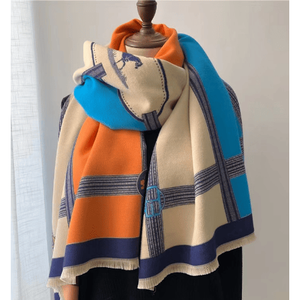 Chal de Cachemira Reversible para Mujer, Diseño de Bloques de Color con Estampado de Caballo, Bufanda y Pashmina con Borlas para Invierno - Product Image 1