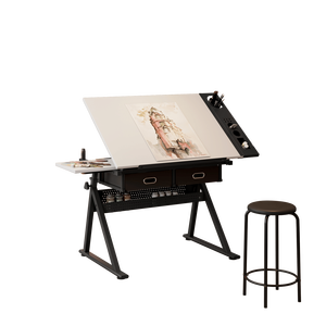 Tavolo da Disegno e Progettazione Regolabile Bianco con 2 Cassetti per Casa, Ufficio e Scuola, Include Sgabello - Product Image 5