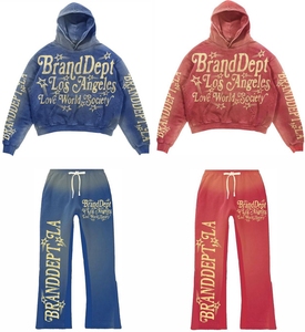 Ensembles de survêtements sportifs pour hommes, effet délavé, avec logo personnalisé, sweat à capuche et pantalon de jogging, 2 pièces, été - Product Image 6