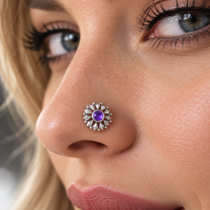Piercing de Nariz con Diseño Floral Étnico de Plata de Ley 925 con Amatista, Estilo Indio, para Compromiso, para Mujer - Product Image 1