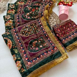 Soft Pure Marshmallow Shiny Chinnon Silk Saree with Designer Ajrakh Print <b>Aari</b> Zari And Real Mirror <b>Work</b> - Product Image 3