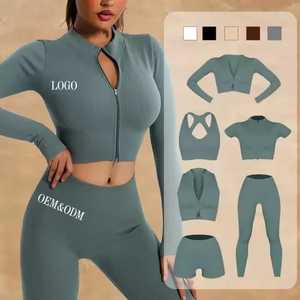 Seamless Matching Gym Set for Women Long Sleeve Zip Workout Jacket Sports Bra High-Waist Yoga Pants Four-Way Stretch Tummy - Product Image 1