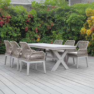 Ensemble de salle à manger d'extérieur moderne 6 places avec chaises en corde et table en bois, mobilier de jardin contemporain au design durable - Product Image 1