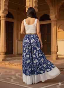 Pantalones Palazzo Azules con Estampado Floral Hecho a Mano, Pantalones Anchos de Algodón con Volantes, Pantalones Bohemios de Verano para Mujer, Pantalones Étnicos Indios para Vacaciones - Product Image 4