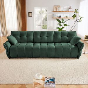 Set Divano a 3 Posti con Struttura in Legno Massello, 2 Pouf, Rivestimento in Ciniglia Testurizzata e Cuscini ad Alta Resilienza per Soggiorno - Product Image 3