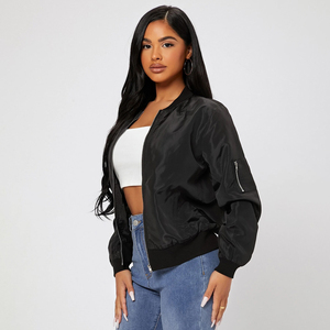 Chaqueta bomber de color sólido para mujer, para uso diario, con cremallera, dobladillo y cuello acanalados. - Product Image 5