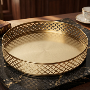 Gold Metal Cutout Serving Tray Round <b>Decorative</b> <b>Plate</b> Geometric Gifting Dinnerware for Home - Product Image 1