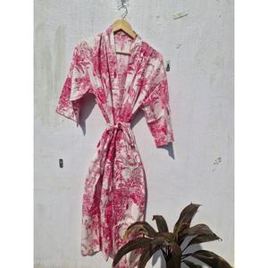 Robe Kimono en Coton Rose à Motifs Floraux pour Femme, Peignoir Léger Imprimé Toile, Robe de Mariée, Tenue d'Intérieur, Cache-Maillot de Plage - Product Image 1