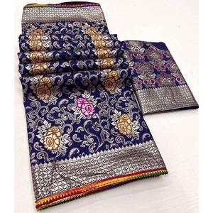 TRENDING VISCOSA TRABAJO DE TEJIDO SAREE CON BLUSA SIN COSTAR AZUL MARINO - Product Image 2