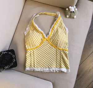 Women's Casual Seamless Halter Neck <b>Built</b>-<b>In</b> <b>Bra</b> Crop Top Lace Trim Gingham Pattern Soft Cotton-Spandex Blend Eco-Friendly - Product Image 6