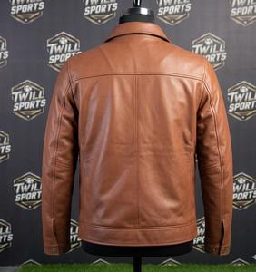 Veste en cuir véritable pour homme, marron, col rabattu, fermeture éclair, vêtement décontracté pour l'automne - Product Image 3