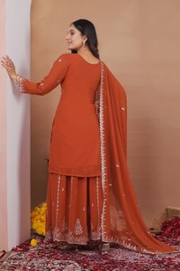 Vestido Tradicional Largo hasta el Suelo para Mujer, Color Naranja, con Bordado de Georgette, Corte Regular, para Todas las Temporadas, Estilo India/Pakistán, Ideal para Bodas - Product Image 5