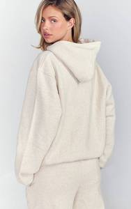 Custom <b>Women's</b> Solid <b>Cream</b> Pullover Hoodie Drop Shoulder <b>Fleece</b> Hoodie With Front Pockets Casual Long Sleeve OEM And ODM - Product Image 2