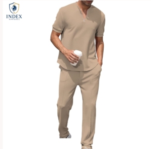 Ensemble de survêtement décontracté pour homme INDEX APPAREL, beige, t-shirt à manches courtes avec demi-zip et poches latérales, coton léger, vêtements d'été - Product Image 4