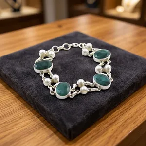 Pulsera india hecha a mano de plata de ley 925 con perla de agua dulce y cuarzo verde para mujer, regalo de joyería. - Product Image 5