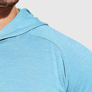 Camiseta con Capucha de Manga Larga Azul Claro para Hombre, Color Sólido, Deportiva, Tejida, de Secado Rápido, Corte Ajustado, 100% Algodón, Talla Grande - Product Image 5