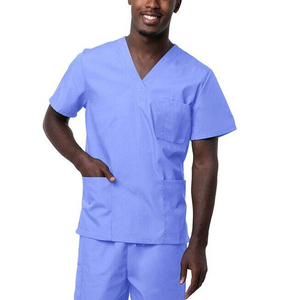 Men's Blue Scrub Set Polyester Rayon Spandex Woven Hospital Uniform V-Neck <b>Top</b> Pants Seamless Fusing Needle Detection - Product Image 4
