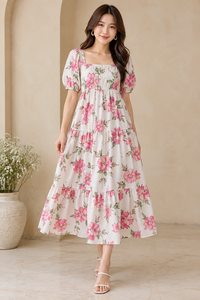 Sweet Floral Print A-Line Midi <b>Dress</b> With Square Neck Cap Sleeve <b>Elastic</b> <b>Waist</b> Loose Fit Breathable Woven Summer Casual <b>Dress</b> - Product Image 1