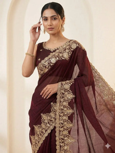 DESIGNER SPACE SILK SEQUENCE AND ZARI EMBROIDERY WITH CODING WORK <b>SAREE</b> WITH UNSTITCHED <b>BLOUSE</b> MAROON 84550 - Product Image 3