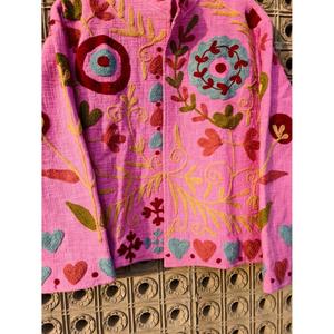 Boho Pink Embroidered Quilted Jacket For Women Handmade Floral Cotton Coat Vintage Ethnic Oversized Winter <b>Cardigan</b> - Product Image 2