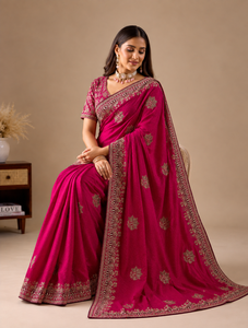 Vexotrend Indian Designer Women's Velvet <b>Satin</b> <b>Saree</b> Beautiful Patola Design Traditional Style Wedding Party Wear Wrinkle-Free - Product Image 2