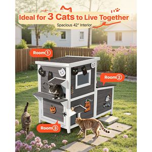 Casetta per Gatti in Legno a 2 Piani per Esterni, Rifugio Invernale Rialzato per 3 Gatti Randagi con Finestra Trasparente, Arredamento per Animali Domestici da Interno - Product Image 2
