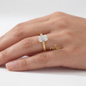 Anillo de Compromiso y Boda para Mujer, con Diamante Cultivado en Laboratorio, Corte Esmeralda, Chapado en Oro de 14K, Joyería Moderna para Fiestas - Product Image 5